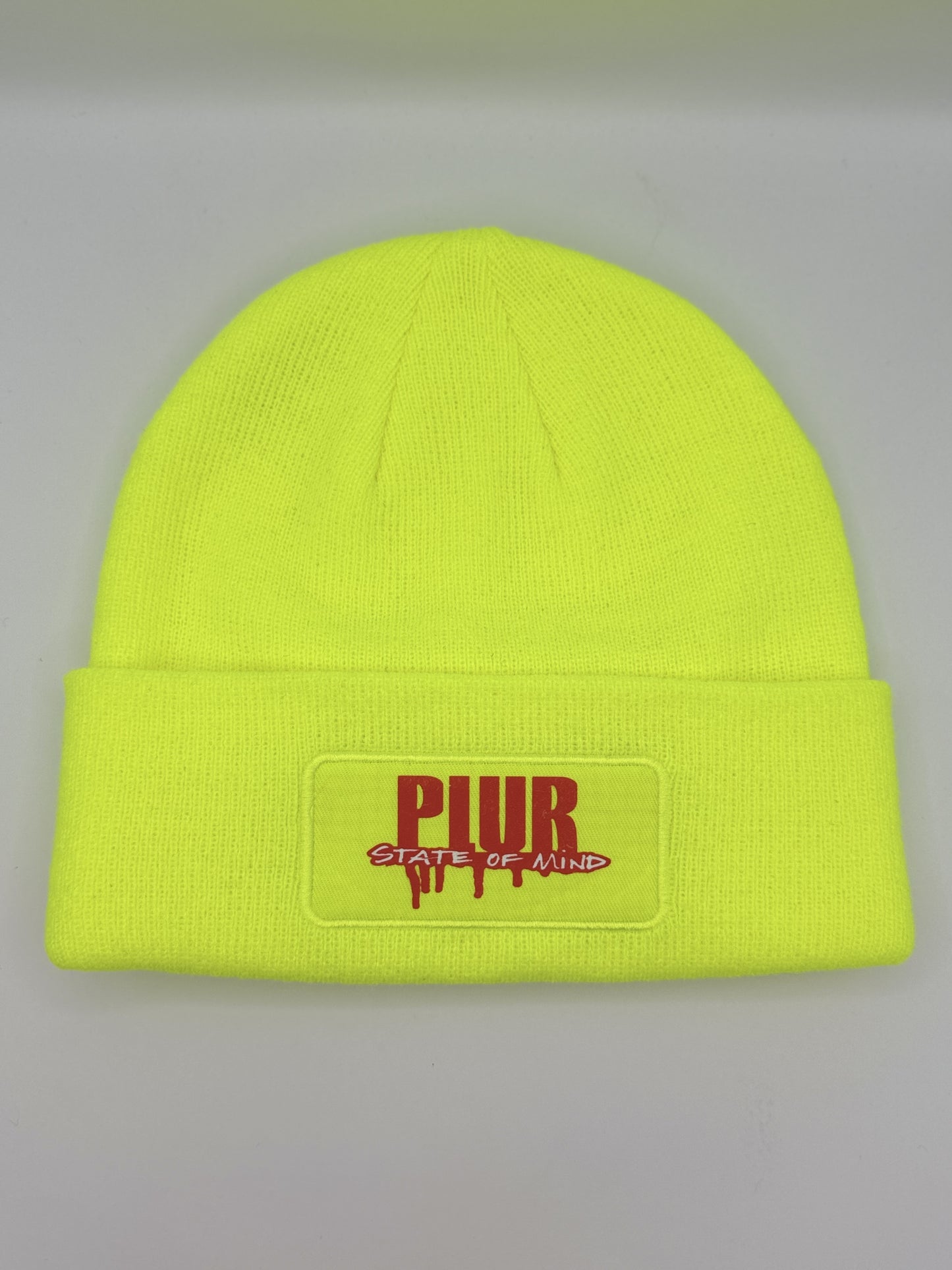 Neon Yellow PLUR State of Mind Drip logo Beanie