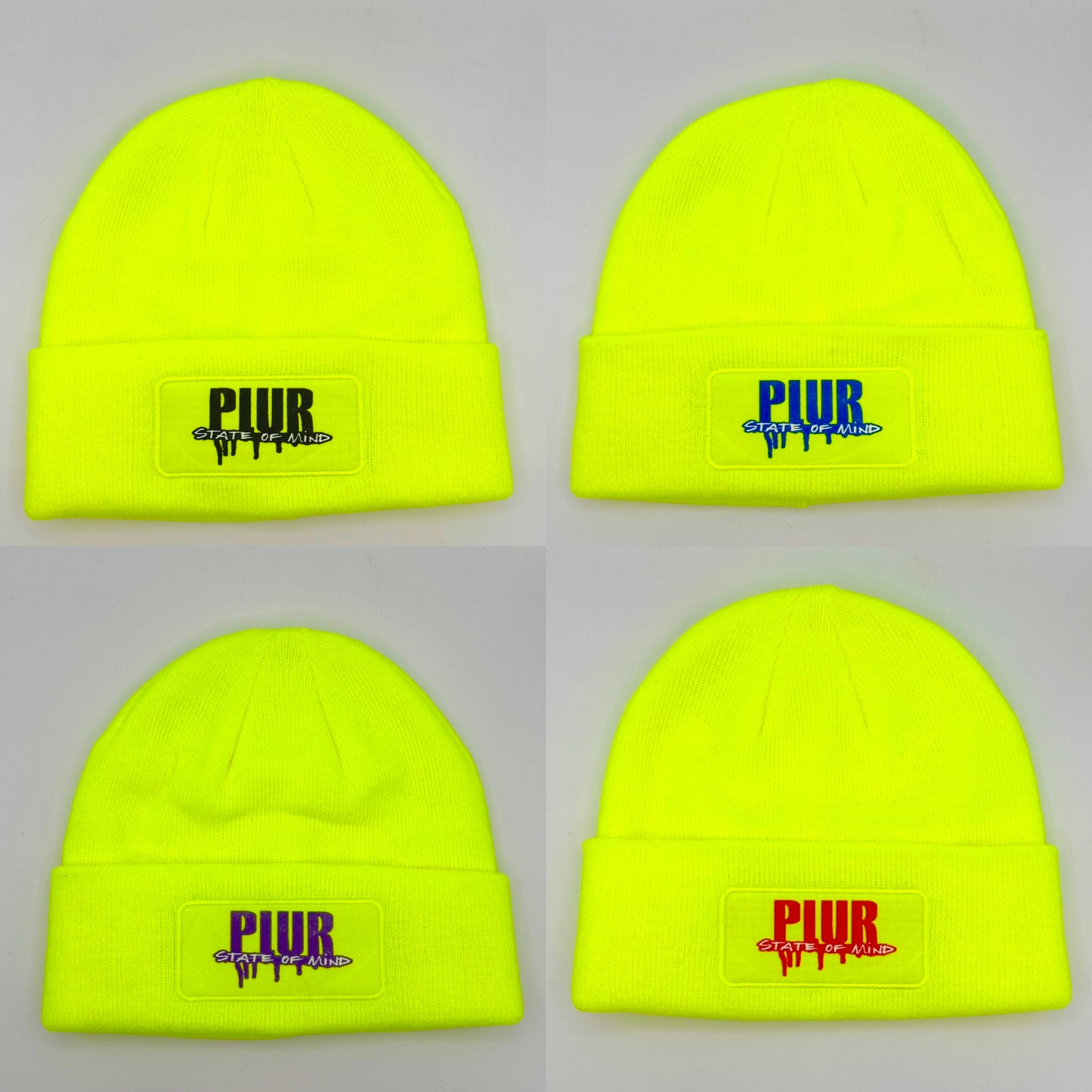 Neon Yellow PLUR State of Mind Drip logo Beanie