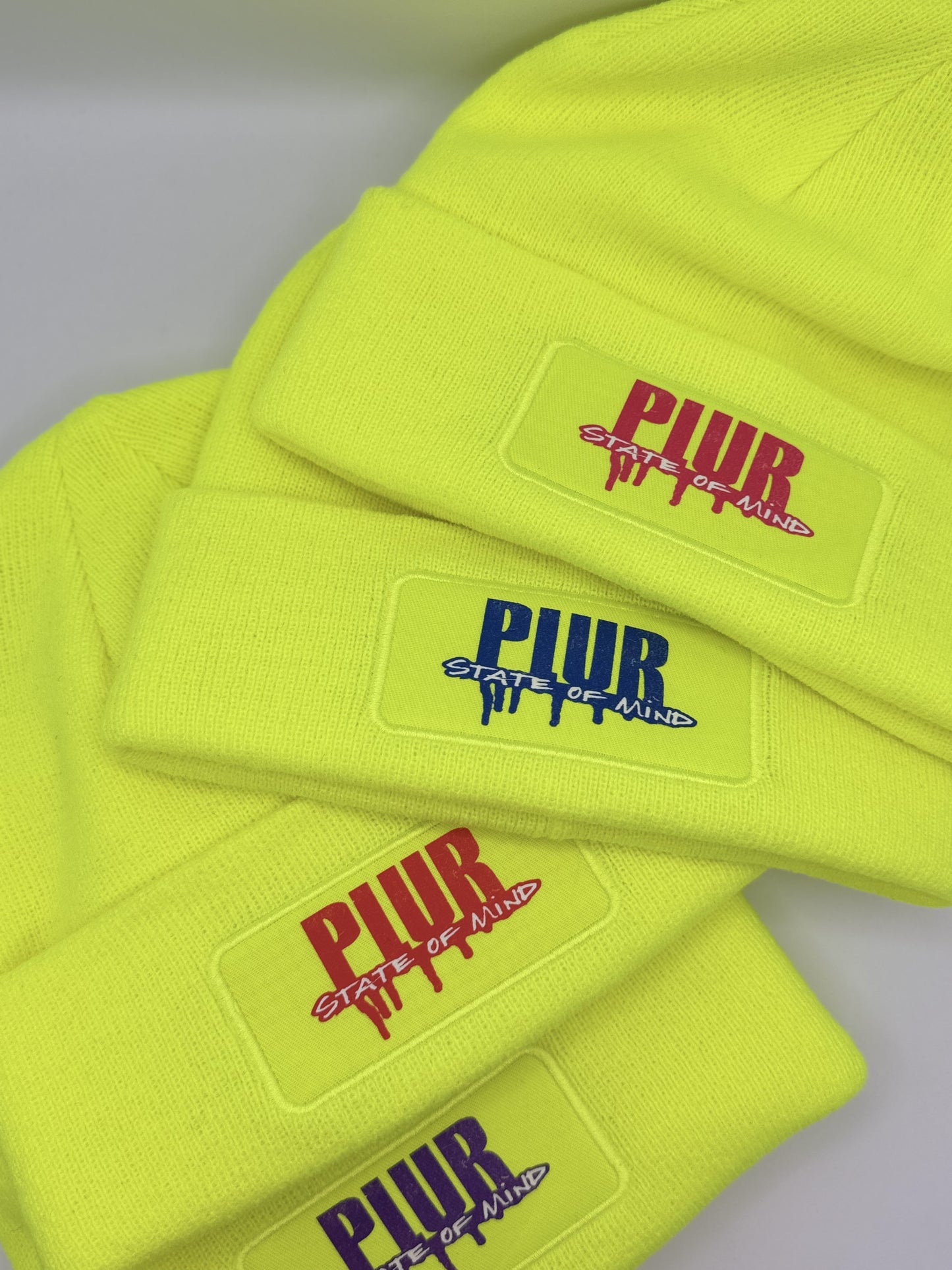 Neon Yellow PLUR State of Mind Drip logo Beanie