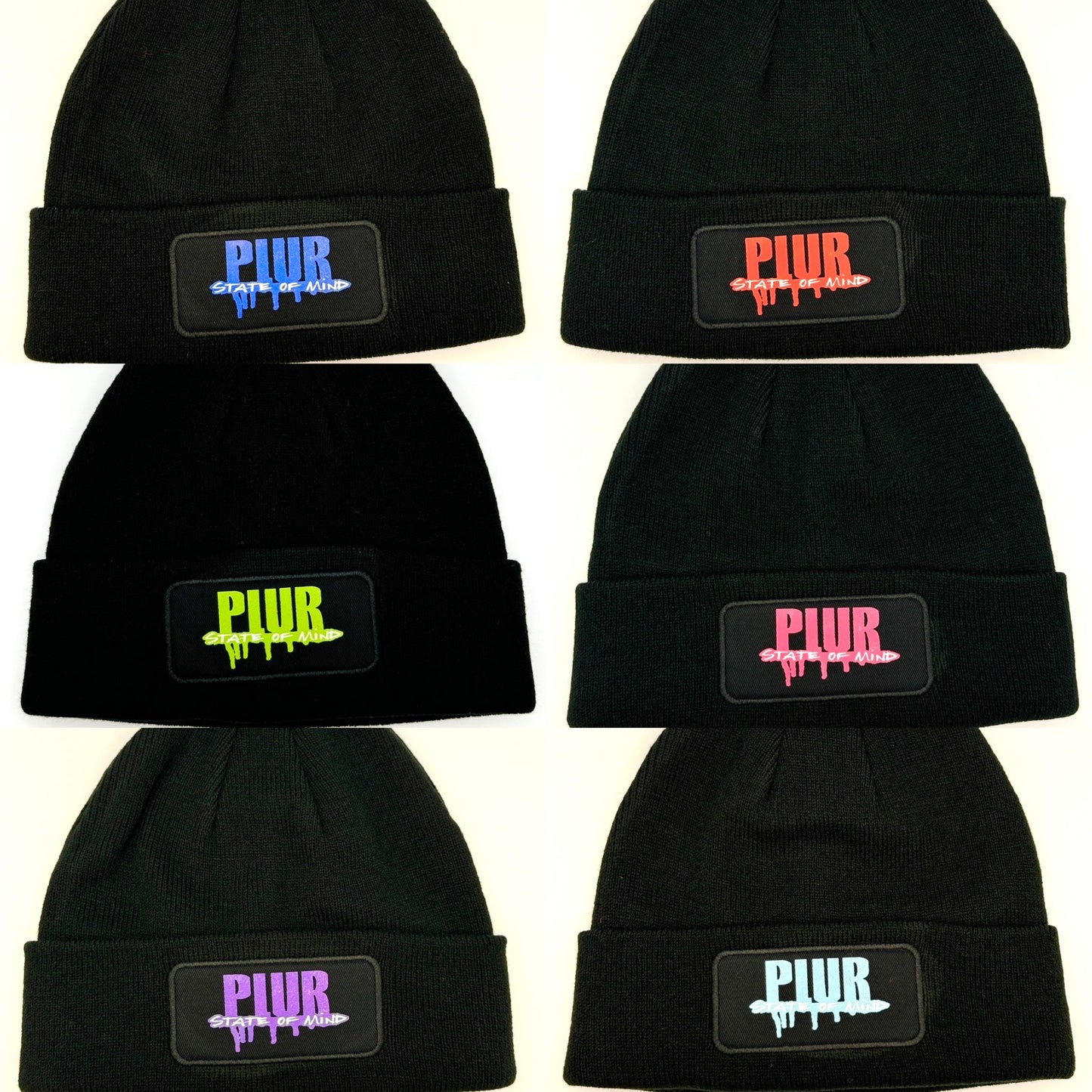 Black PLUR State of Mind Color Drip Logo Beanie