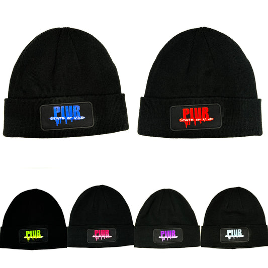 Black PLUR State of Mind Color Drip Logo Beanie