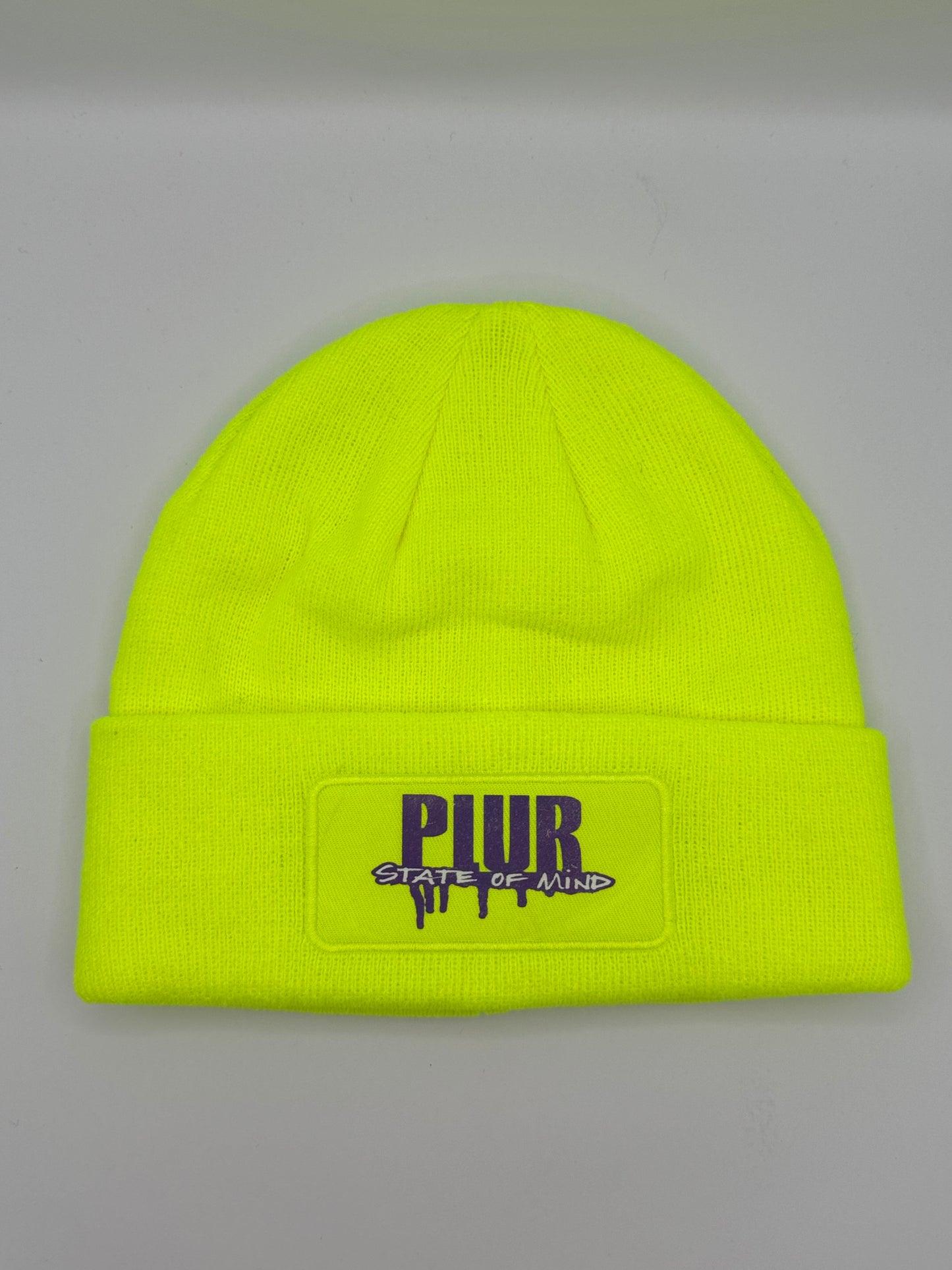 Neon Yellow PLUR State of Mind Drip logo Beanie